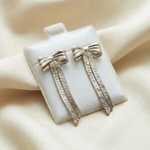 Vintage Italy 925 Sterling Silver Ribbon Bow Drop Earrings